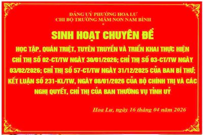 Chi bộ Trường Mầm non Nam Bình tổ chức sinh hoạt chuyên đề “Học tập, quán triệt, tuyên truyền và triển khai thực hiện Chỉ thị số 02-CT/TW, Chỉ thị số 03-CT/TW, Chỉ thị số 57-CT/TW của Ban Bí thư; Kết luận số 231- KL/TW của Bộ Chính trị và các nghị quyết, chỉ thị của Ban Thường vụ Tỉnh ủy”