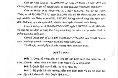 Quyết Định  về việc công bố công khai dự toán ngân sách, học phí năm 2026 của trường Mầm non Nam Bình